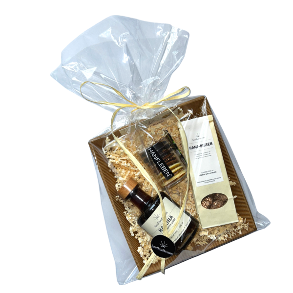 Geschenkkörbchen "Haluha Glück" gefüllt mit Hanf-Kaffeelikör, schokolierten Kakaobohnen und handgeschöpften Schokoladentropfen mit Hanfsamen