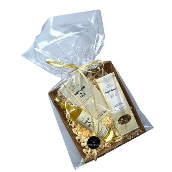 Geschenkkörbchen "Hanflikör Liebe" gefüllt mit Hanflikör aus der Hanfnuss, schokolierten Kakaobohnen und Hanfschokolade mit Salz