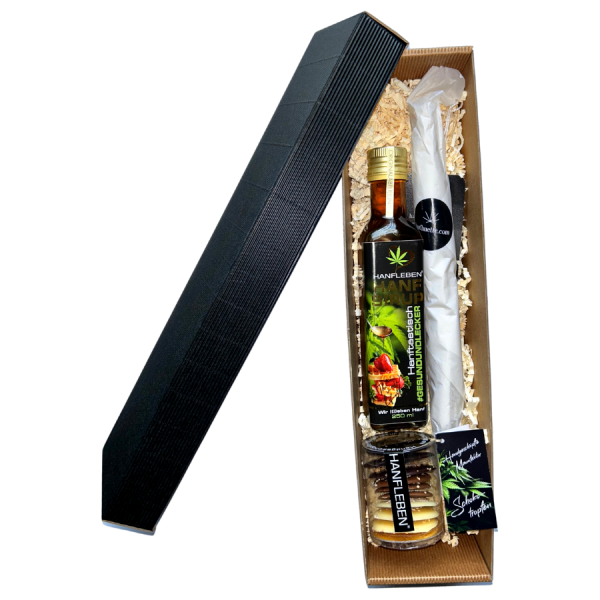 Geschenkbox "Hanf Glück Schoko" gefüllt mit Hanfsirup, Rindersalami mit Hanfsamen und handgeschöpften Schokoladentropfen mit Hanfsamen