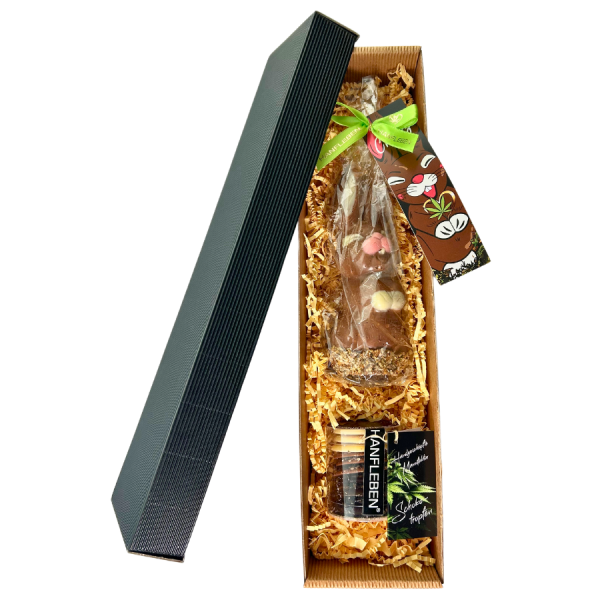 Osterbox "Hanf Hase Glück" gefüllt mit Schokoladen-Osterhasen mit Hanfsamen und handgeschöpften Schokoladentropfen mit Hanfsamen