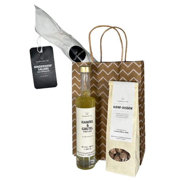 Geschenktütchen "Hanflikör Genuss" gefüllt mit Hanflikör, Rindersalami mit Hanfsamen und schokolierten Kakaobohnen